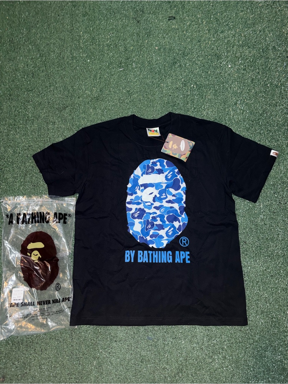 Black Short-Sleeve Tee with Blue Camo Ape Graphic